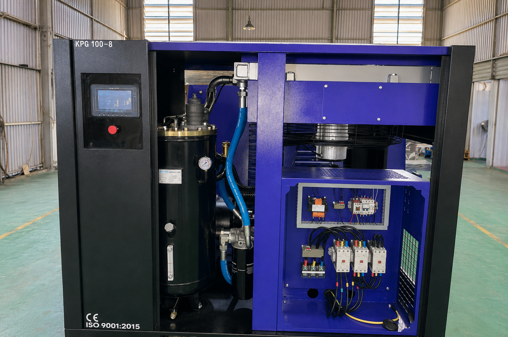 Máy nén khí trục vít King Power KPG100-8 tại nhà xưởng, dùng để tính chi phí điện hằng tháng dựa trên công suất và thời gian vận hành.