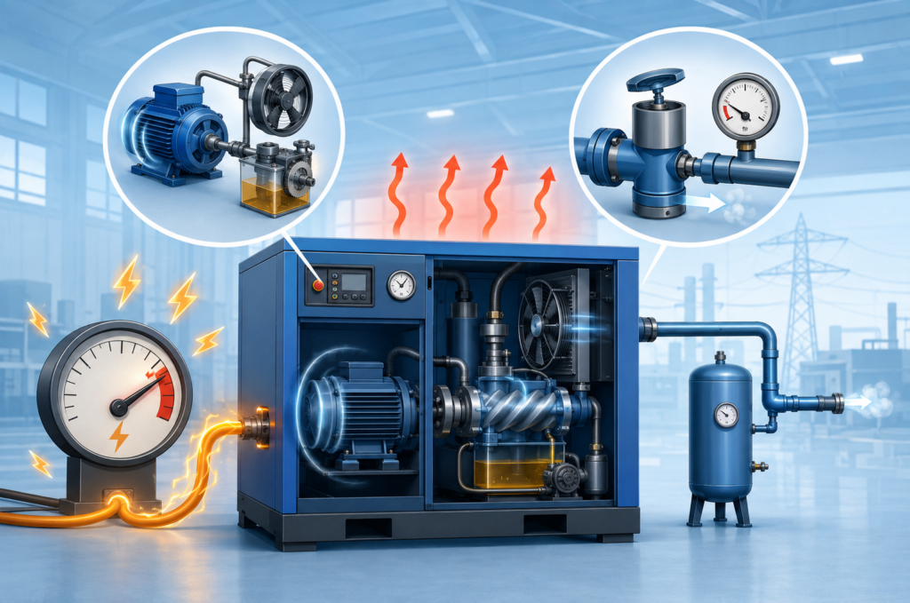 Máy nén khí chạy không tải vẫn tiêu thụ điện do động cơ tiếp tục hoạt động, làm tăng chi phí và giảm hiệu quả vận hành.