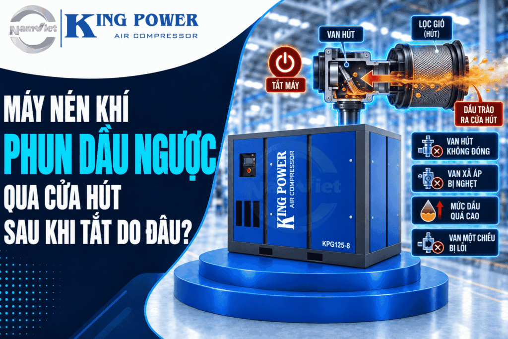 Máy nén khí phun dầu ngược qua cửa hút sau khi tắt do đâu?