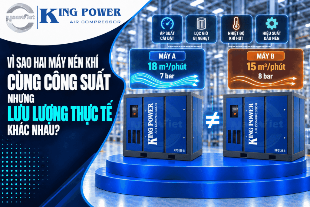 Vì sao hai máy nén khí cùng công suất nhưng lưu lượng thực tế khác nhau?