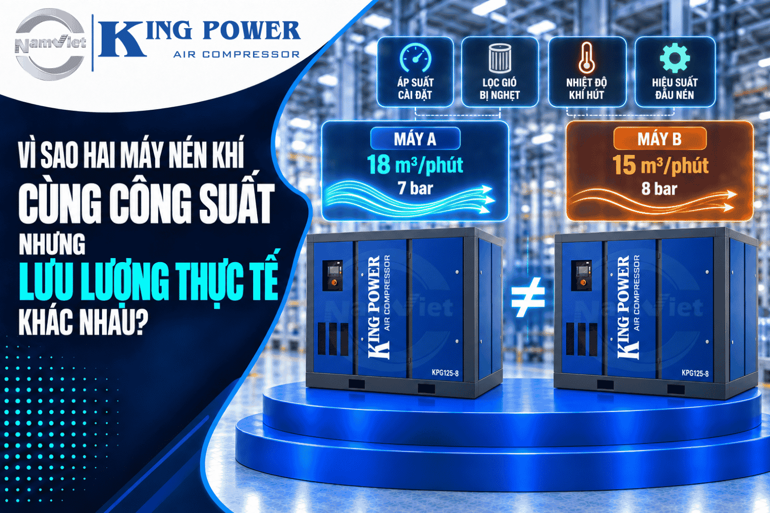 Vì sao hai máy nén khí cùng công suất nhưng lưu lượng thực tế khác nhau?